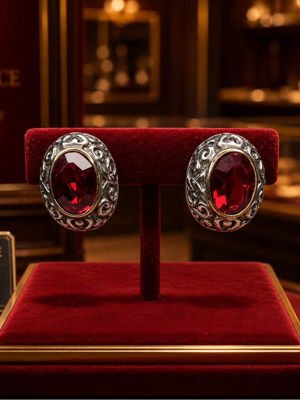 JC John Candice Austria Red Crystal 14k accent Earrings Signed Scroll Vintage